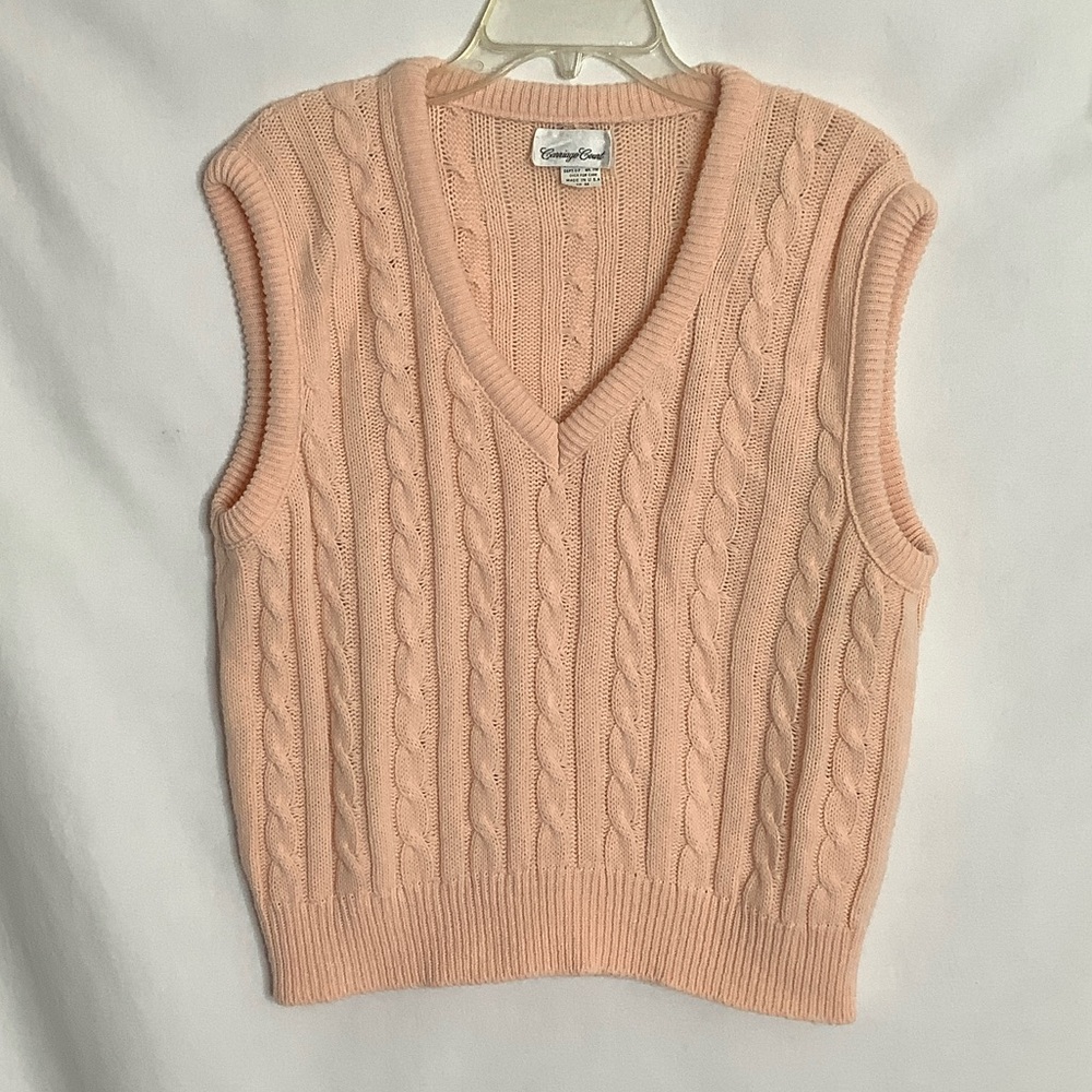 Vintage Peach V-Neck Cable Knit Sweater Vest Size M Preppy Academia
